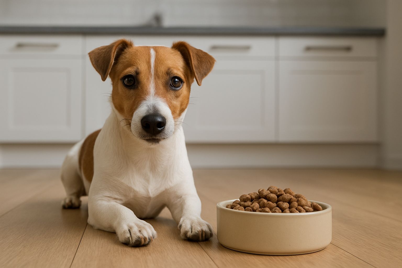 Pies przy misce z karmą monobiałkową z wieprzowiną – bezpieczna dieta psa alergika