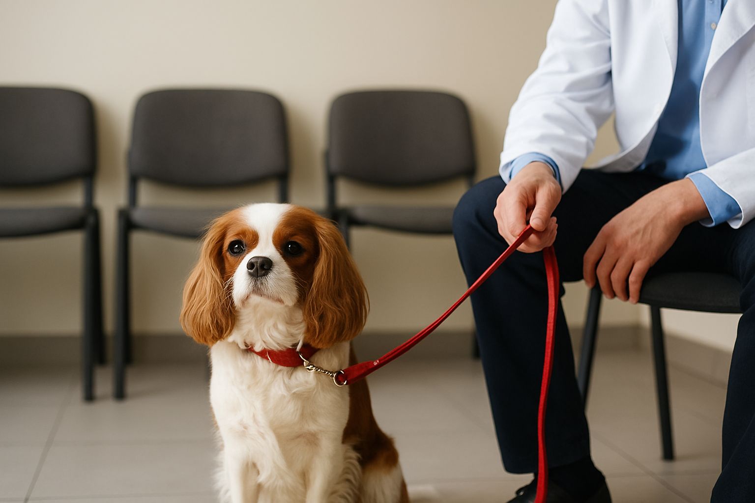 Cavalier King Charles Spaniel siedzący na smyczy w poczekalni u weterynarza. Pies ten ma problemy jelitowe, więc żywiony jest karmą weterynaryjną.