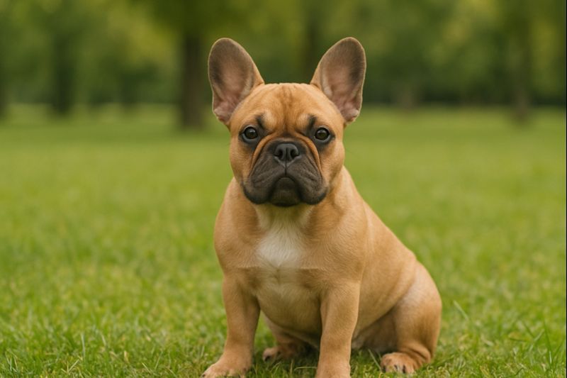 Zdjęcie alergicznego buldoga francuskiego w parku, wykorzystane do artykułu o alergii u buldoga francuskiego i właściwej diecie hipoalergicznej.