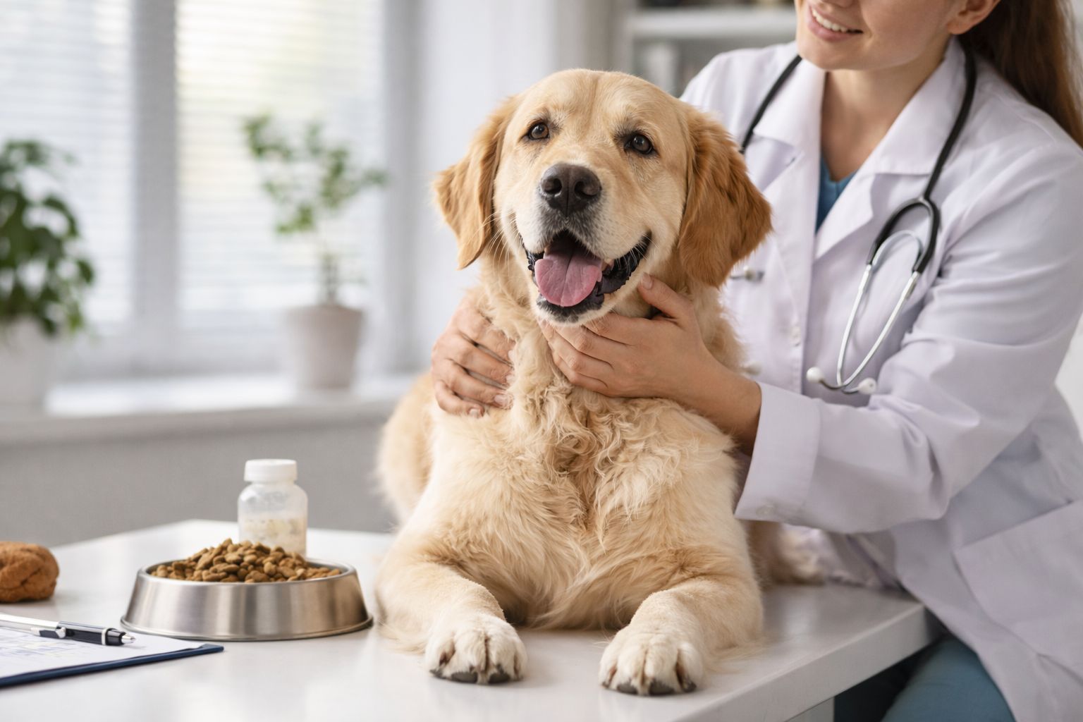 Realistyczne zdjęcie psa u weterynarza podczas badania kontrolnego, z miską karmy leczniczej na stole – nawiązanie do stosowania karmy hydrolizowanej u psów z alergią pokarmową.
