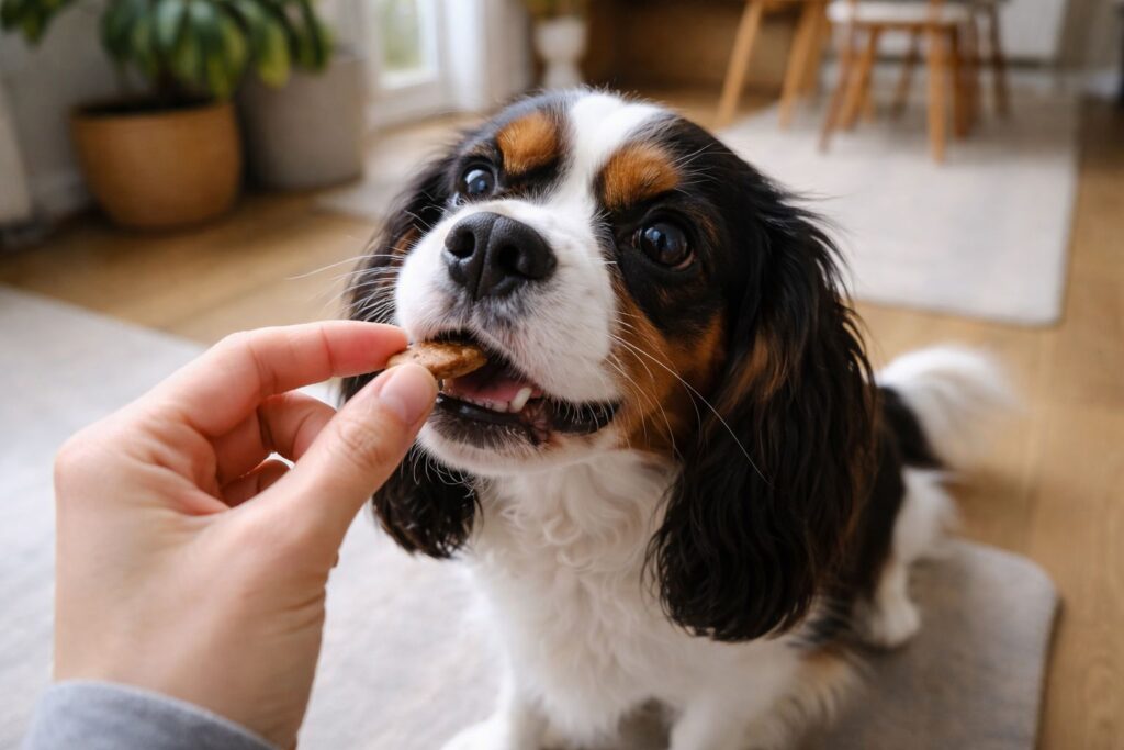 Pies jedzący smaczka z ręki opiekuna – przykład dokarmiania psa alergika, które może wpływać na alergię u psa i problemy trawienne
