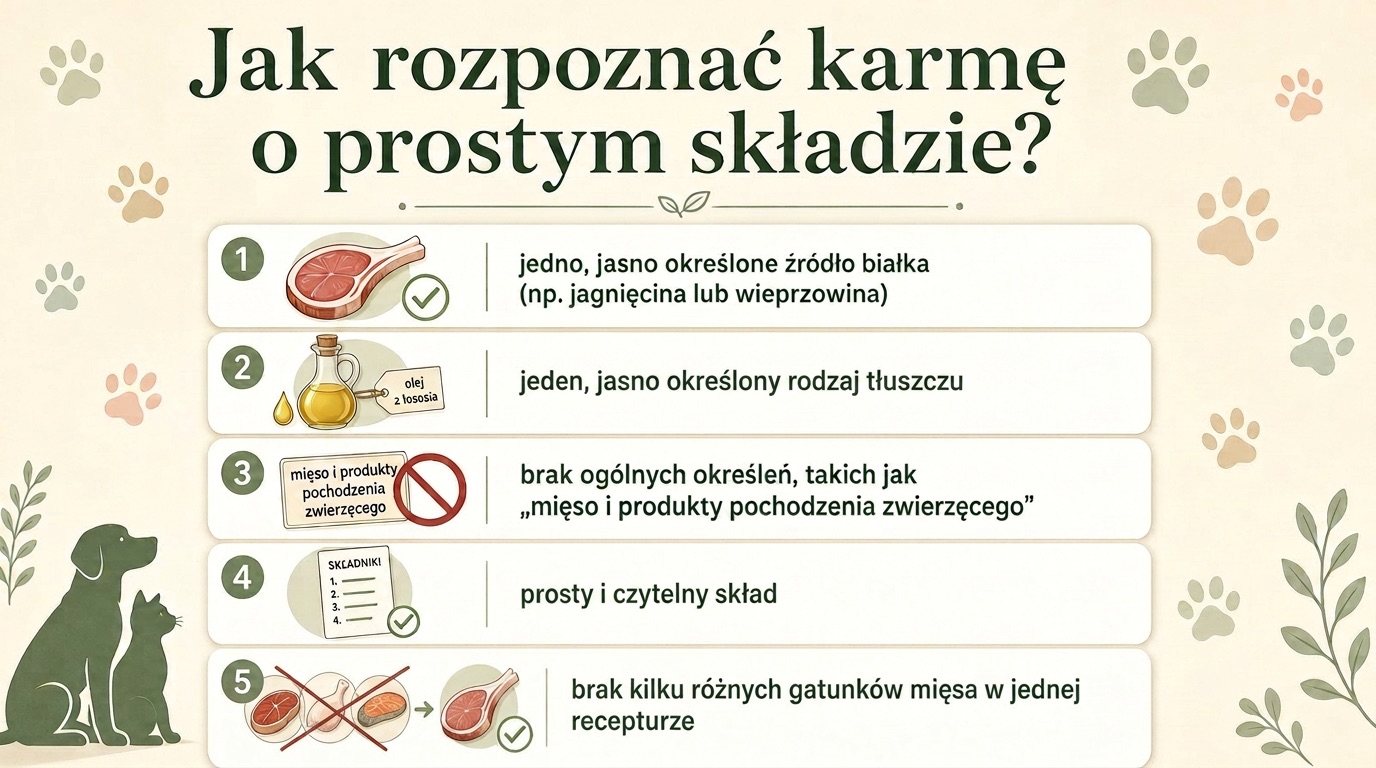grafika opisuje 5 zasad karmy o prostym składzie dla psa