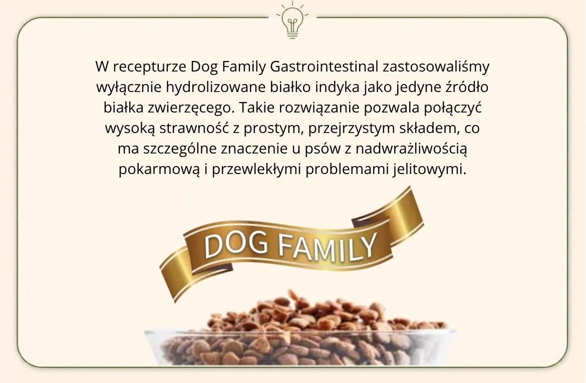 Hydrolizowane białko indyka jako jedyne źródło białka w karmie weterynaryjnej Dog Family Gastrointestinal dla psów z problemami jelitowymi.