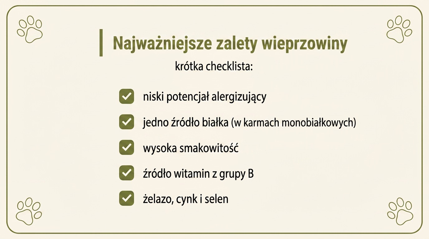 Najważniejsze zalety karmy monobiałkowej z wieprzowiną dla psa alergika – niskie ryzyko alergii, wysoka smakowitość i cenne składniki odżywcze.