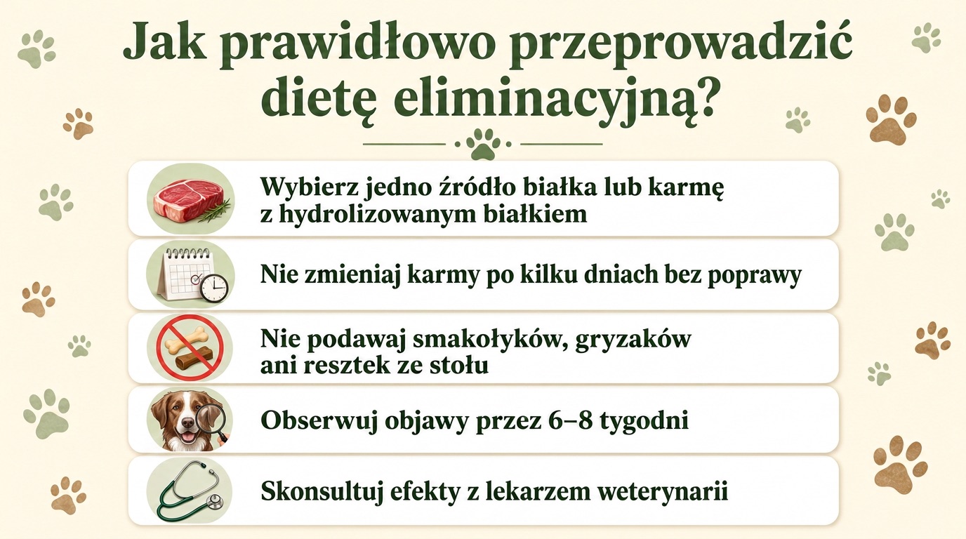 Infografika przedstawiająca 5 zasad prawidłowego przeprowadzenia diety eliminacyjnej u psa: wybór karmy monobiałkowej lub z hydrolizowanym białkiem, cierpliwość w zmianie karmy, rezygnacja z smakołyków i resztek, obserwowanie objawów przez 6–8 tygodni oraz konsultacja z weterynarzem.
